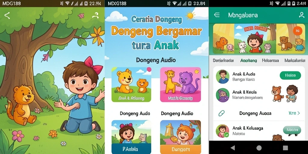 Tampilan antarmuka MDG188 dengan koleksi dongeng audio yang menarik.