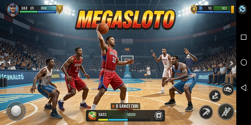 Antarmuka MEGASLOTO menampilkan aksi seru basket yang mendebarkan.
