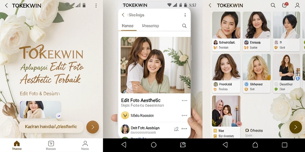 Antarmuka aplikasi TOKEKWIN yang menarik dan modern untuk Edit Foto Aesthetic.