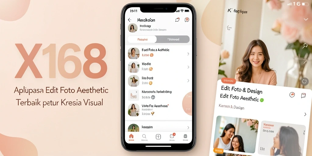 Antarmuka aplikasi X168 dengan beragam fitur edit foto aesthetic.